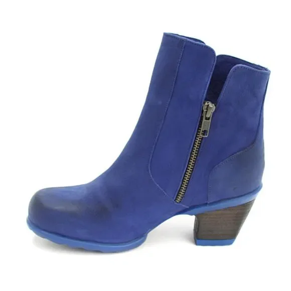 John Fluevog Hopefuls Rosy Royal Blu Buffed Toe 2.25" Heel Leather Booties SZ 6 - Picture 9 of 9